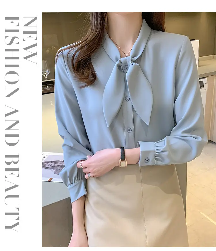 Women Chiffon Bow Tie Shirt White Long Sleeve — feature 12