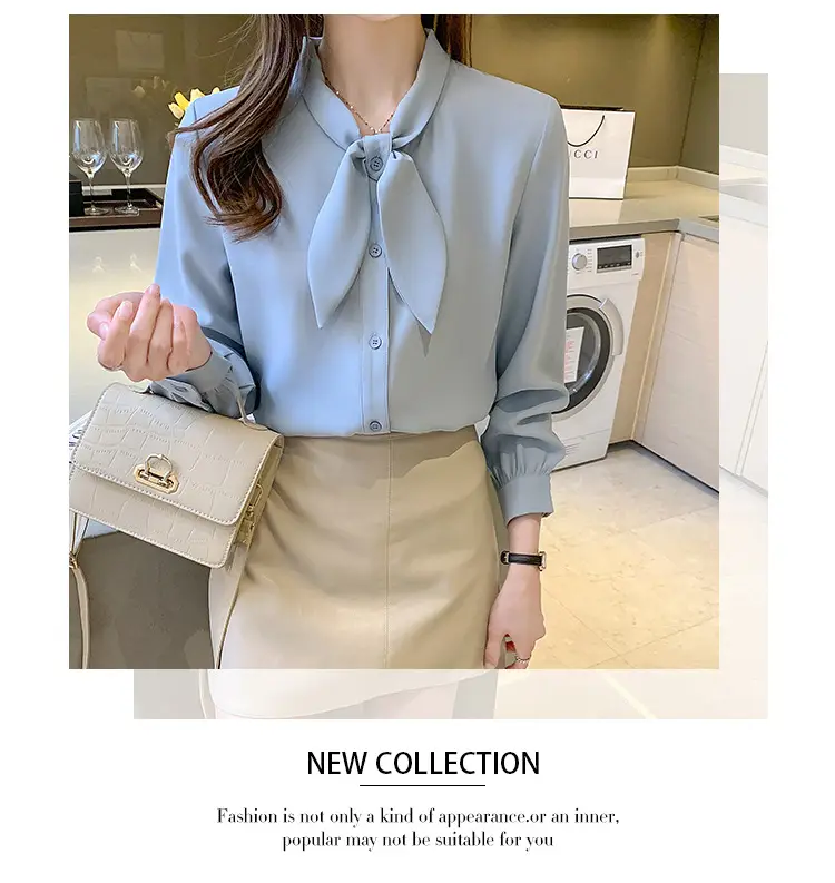 Women Chiffon Bow Tie Shirt White Long Sleeve — feature 13