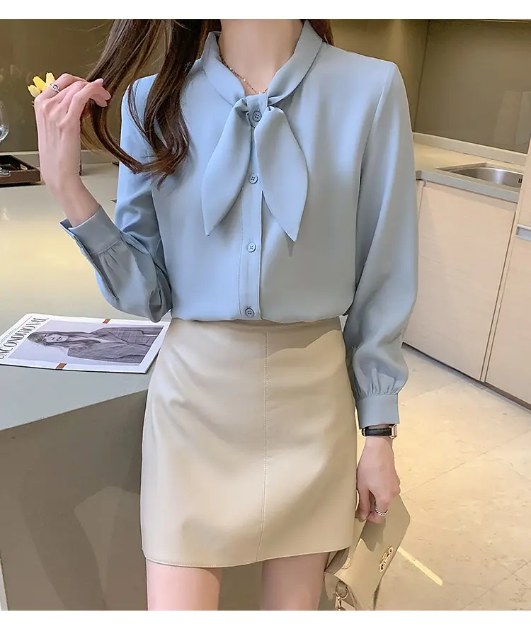 Women Chiffon Bow Tie Shirt White Long Sleeve — feature 14