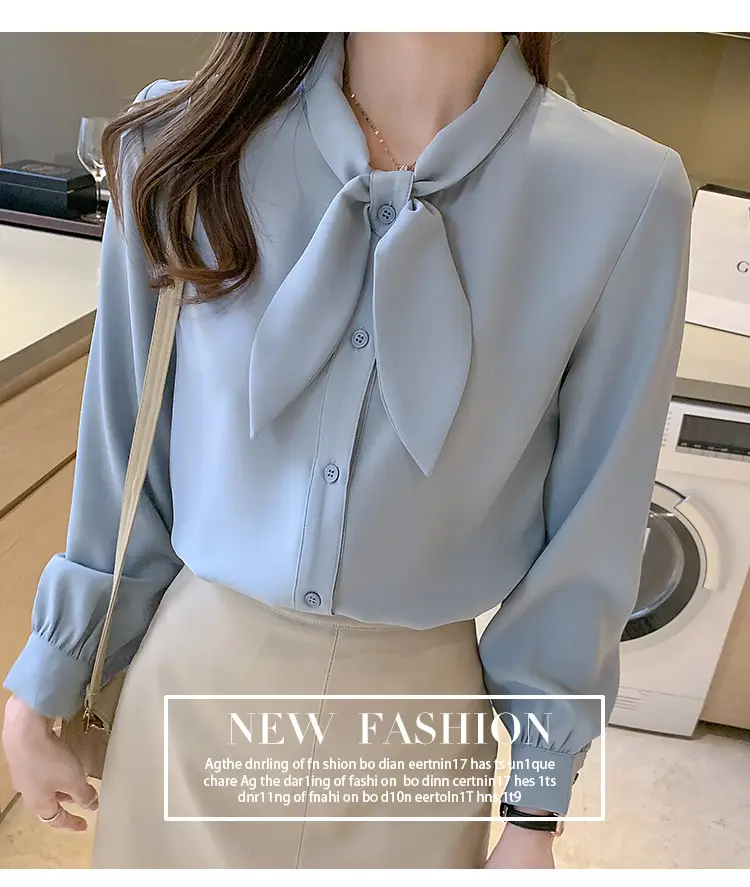 Women Chiffon Bow Tie Shirt White Long Sleeve — feature 15