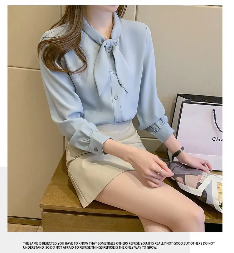 Women Chiffon Bow Tie Shirt White Long Sleeve — feature 17