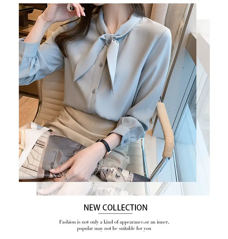 Women Chiffon Bow Tie Shirt White Long Sleeve — feature 21