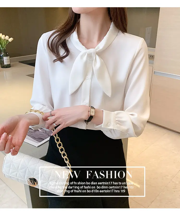 Women Chiffon Bow Tie Shirt White Long Sleeve — feature 23