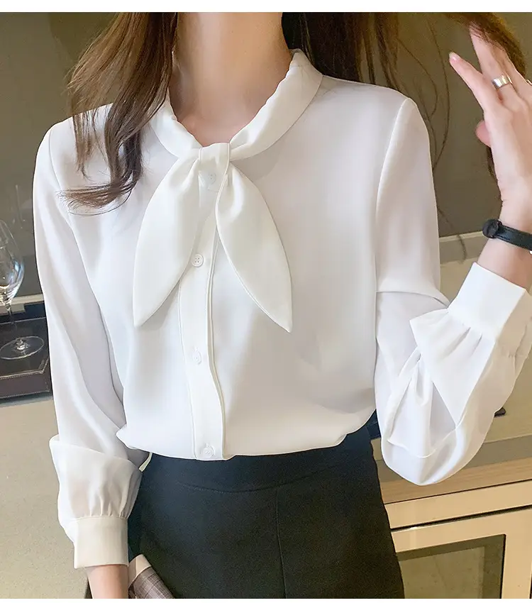 Women Chiffon Bow Tie Shirt White Long Sleeve — feature 24