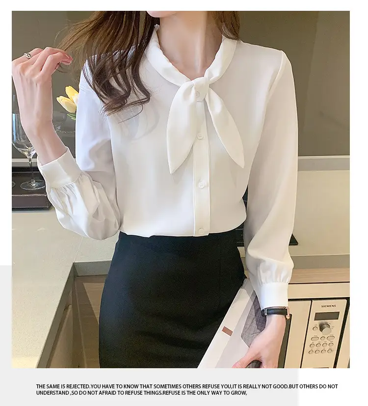 Women Chiffon Bow Tie Shirt White Long Sleeve — feature 25