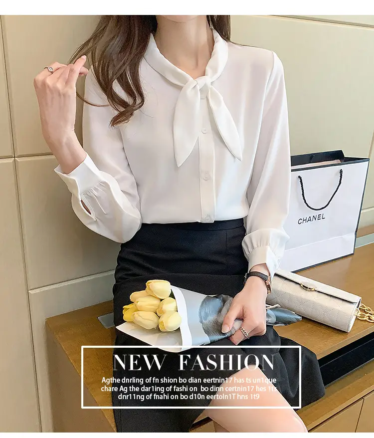 Women Chiffon Bow Tie Shirt White Long Sleeve — feature 27