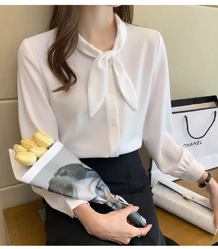 Women Chiffon Bow Tie Shirt White Long Sleeve — feature 28