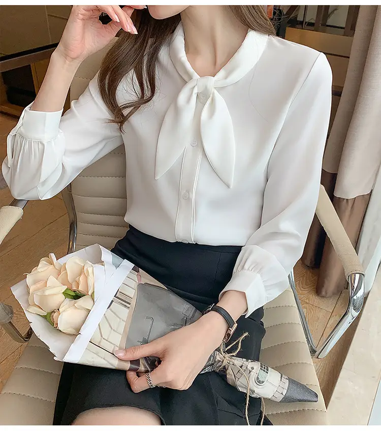 Women Chiffon Bow Tie Shirt White Long Sleeve — feature 31