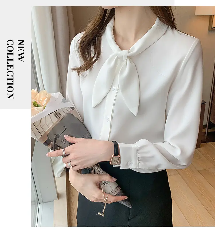 Women Chiffon Bow Tie Shirt White Long Sleeve — feature 33
