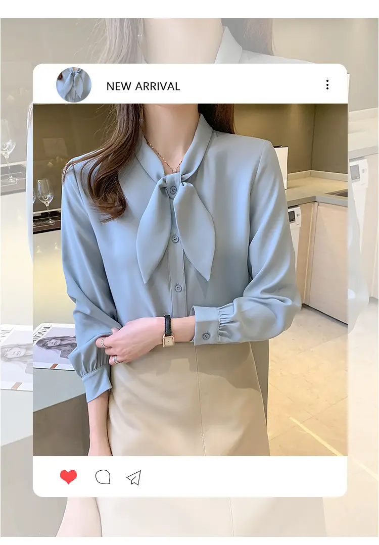 Women Chiffon Bow Tie Shirt White Long Sleeve — feature 4