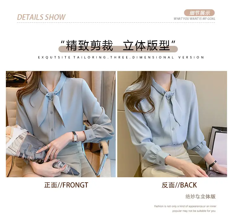 Women Chiffon Bow Tie Shirt White Long Sleeve — feature 5