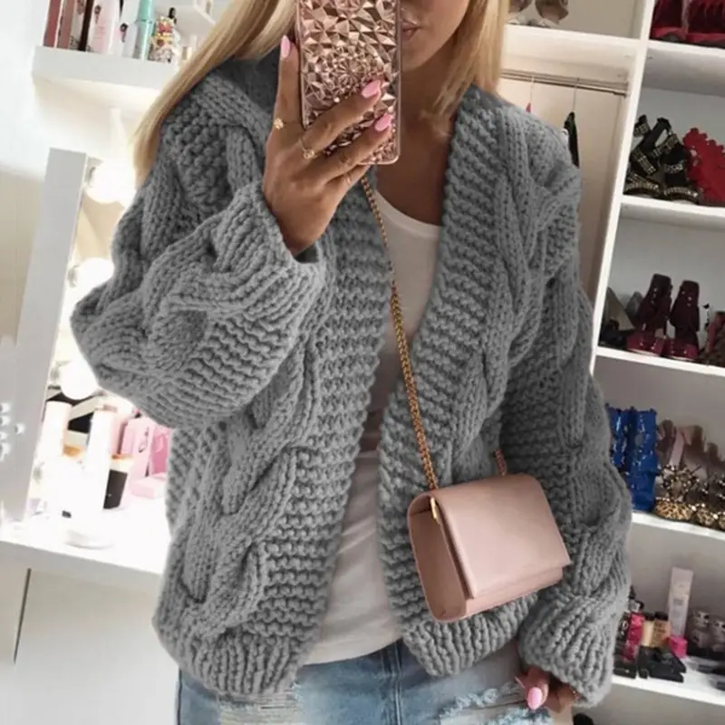 Women Chunky Cable Knit Sweater Winter Cardigan Top - Image 4