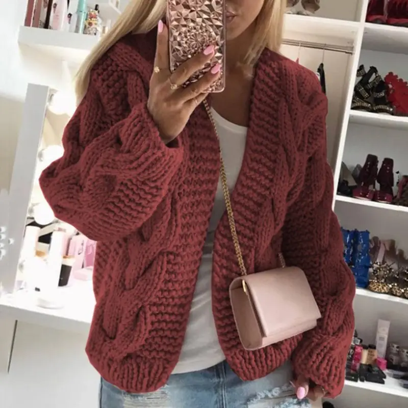 Women Chunky Cable Knit Sweater Winter Cardigan Top - Image 6