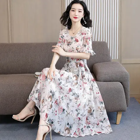 2021 Floral Slimming Dress Large Size Round Neck - Image 2