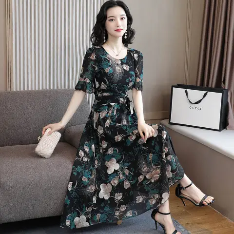 2021 Floral Slimming Dress Large Size Round Neck - Image 3