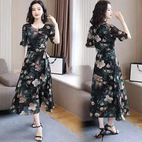 2021 Floral Slimming Dress Large Size Round Neck - Image 4