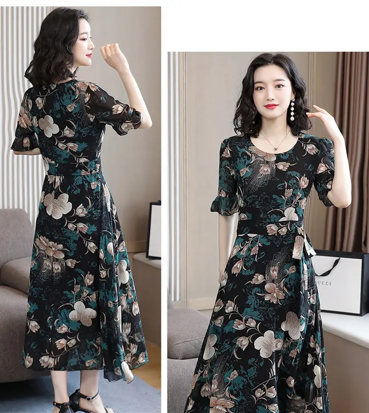 2021 Floral Slimming Dress Large Size Round Neck — feature 10