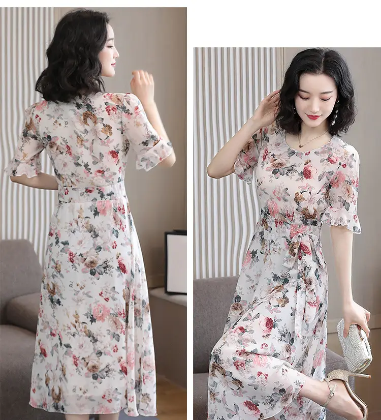 2021 Floral Slimming Dress Large Size Round Neck — feature 5