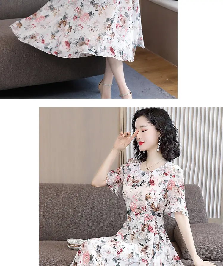 2021 Floral Slimming Dress Large Size Round Neck — feature 7