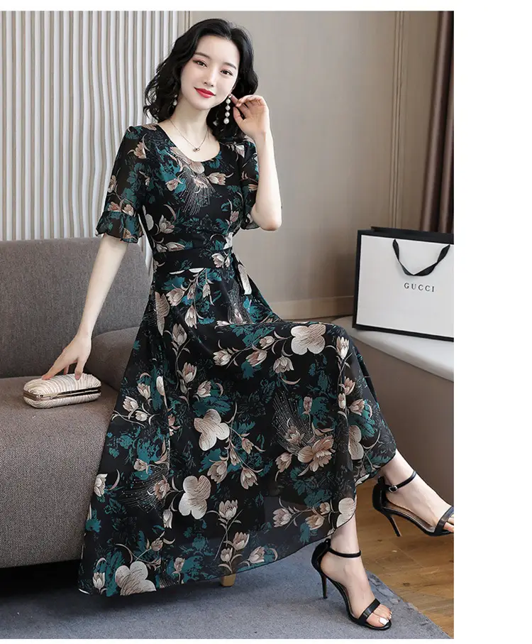 2021 Floral Slimming Dress Large Size Round Neck — feature 9
