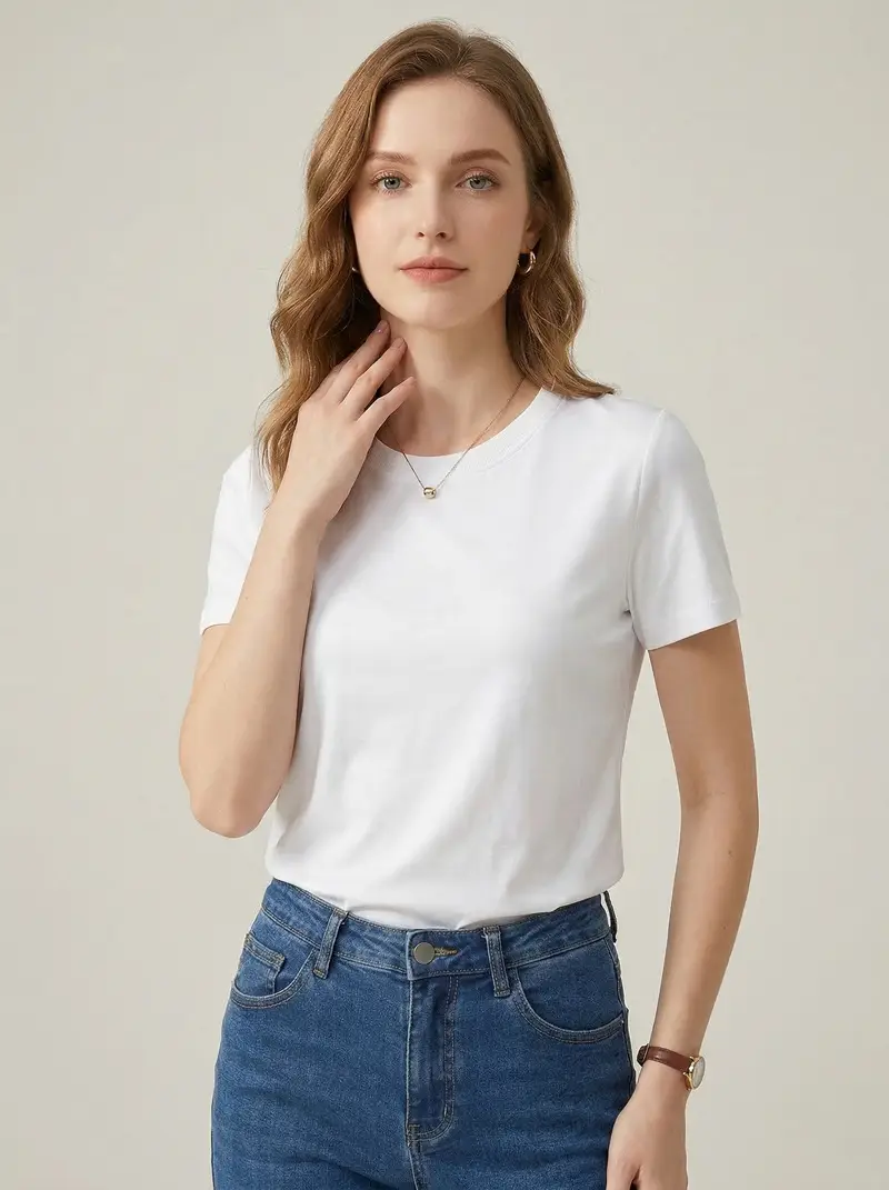 2026 High-End 190g High-Count Double-Sided Liquid Ammonia Mercerized Cotton T-Shirt for Women, Summer Short-Sleeved Pure Cotton Versatile White Round-Neck T-Shirt — feature 18