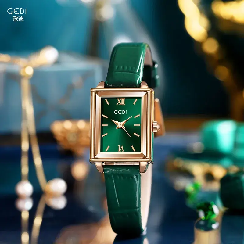 Gold Square Plate Women's Green Belt Quartz Watch - Image 7