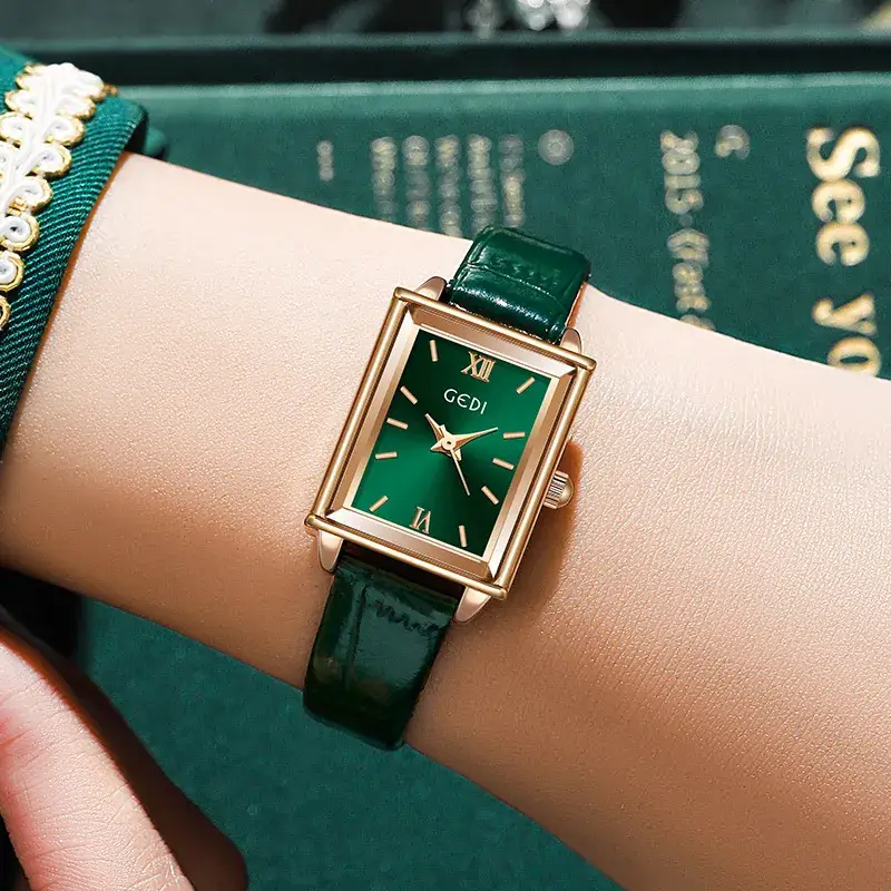Gold Square Plate Women's Green Belt Quartz Watch - Image 8