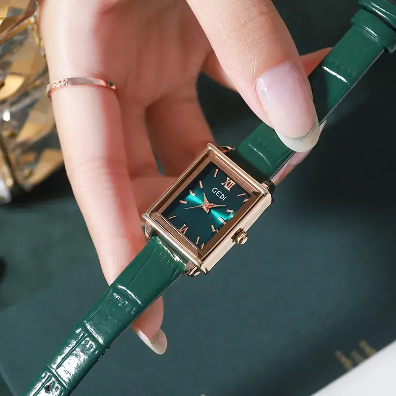 Gold Square Plate Women's Green Belt Quartz Watch - Image 10