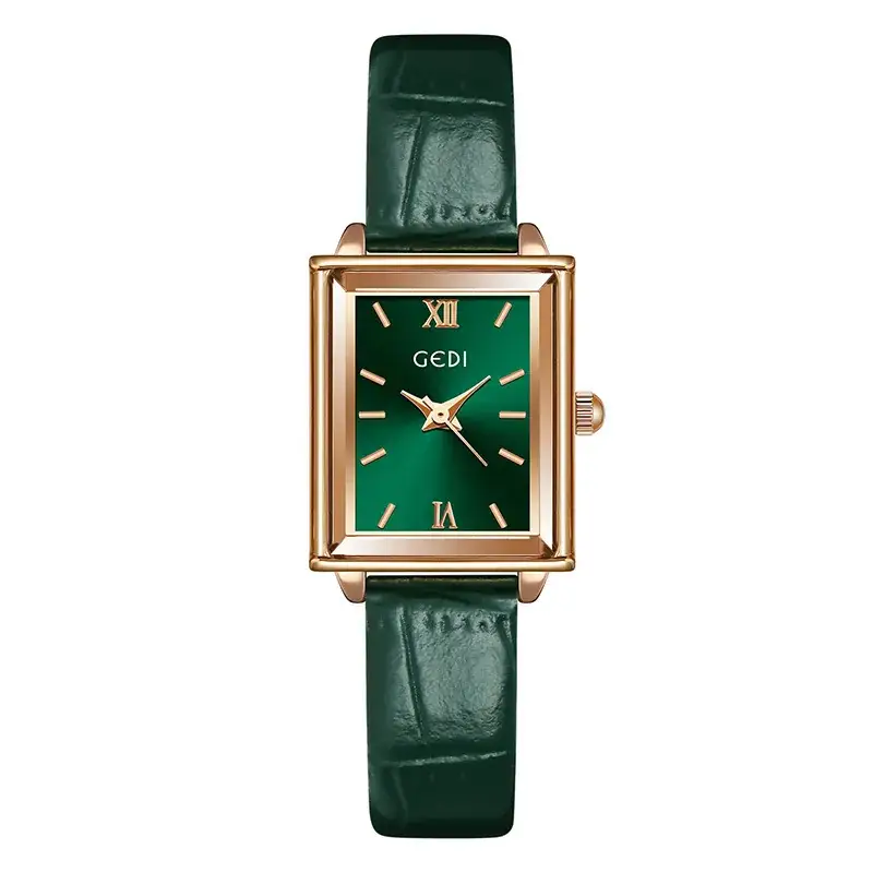 Gold Square Plate Women's Green Belt Quartz Watch - Image 4
