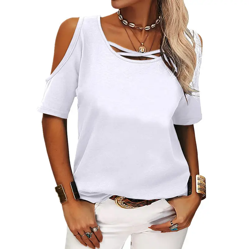 Women Blue Cold Shoulder T-Shirt 2022 - Image 4