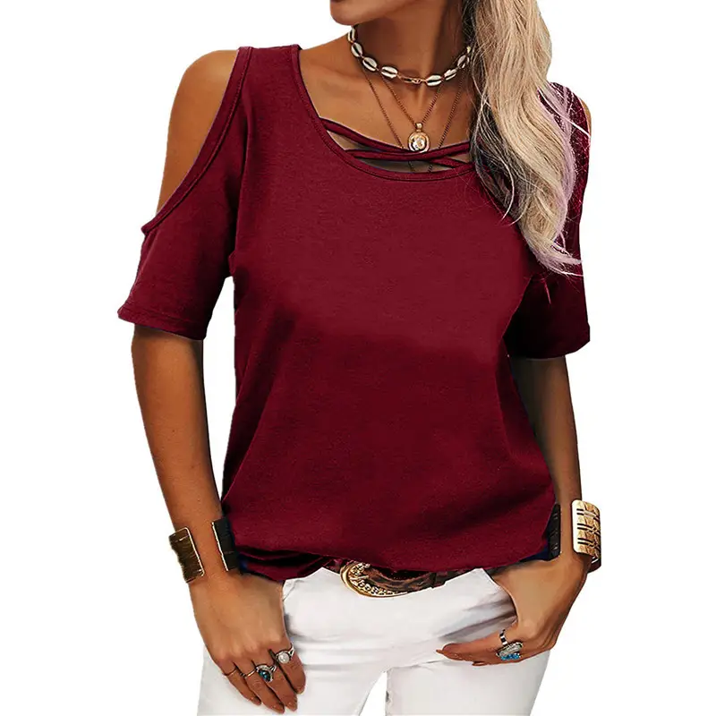 Women Blue Cold Shoulder T-Shirt 2022 - Image 5