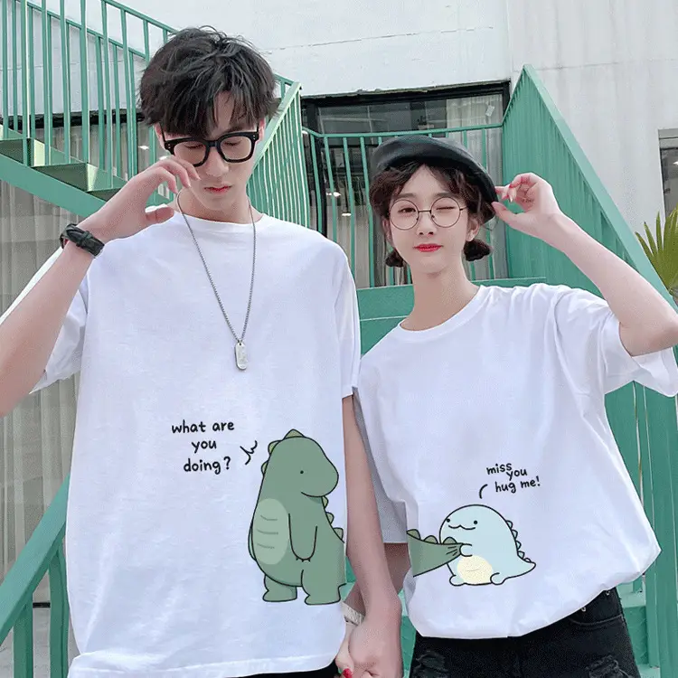 Women Short Sleeve T-Shirt White Green Dinosaur Graphic
