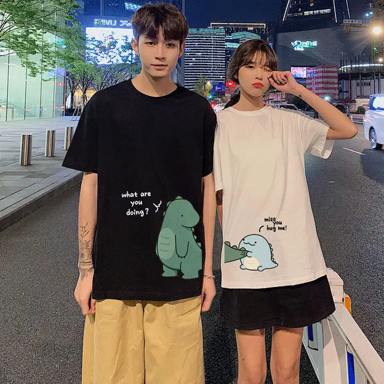 Women Short Sleeve T-Shirt White Green Dinosaur Graphic