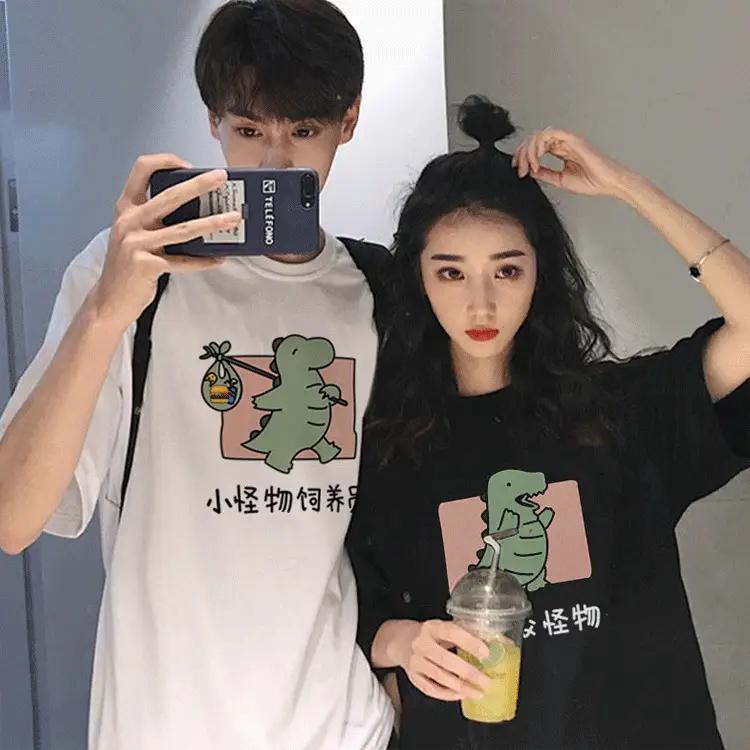 Women Short Sleeve T-Shirt White Green Dinosaur Graphic