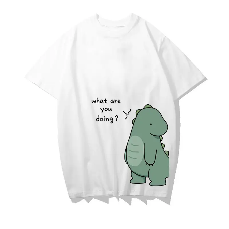 Women Short Sleeve T-Shirt White Green Dinosaur Graphic