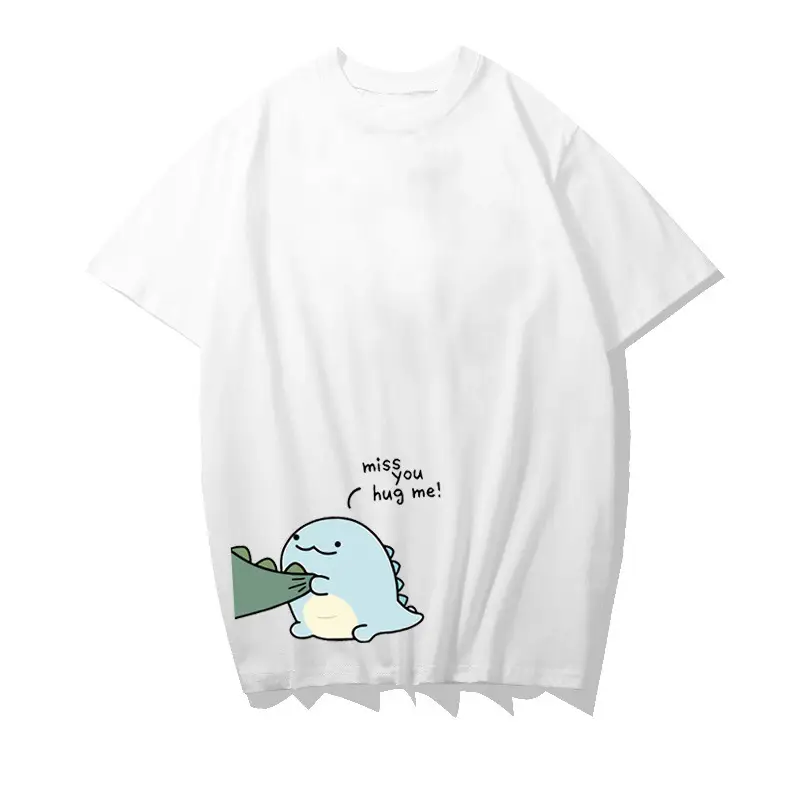 Women Short Sleeve T-Shirt White Green Dinosaur Graphic