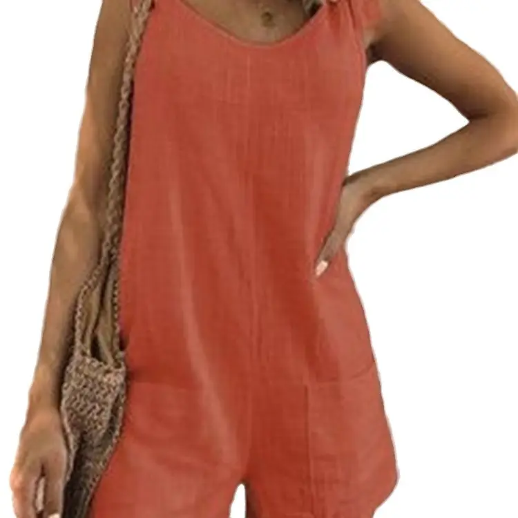 Women Cotton Linen Patch Pocket Jumpsuit Coral - Image 10