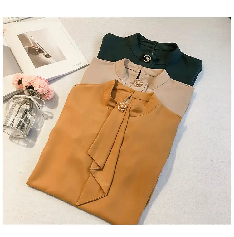 Women Chiffon Long Sleeve Shirt Brown Large — feature 17