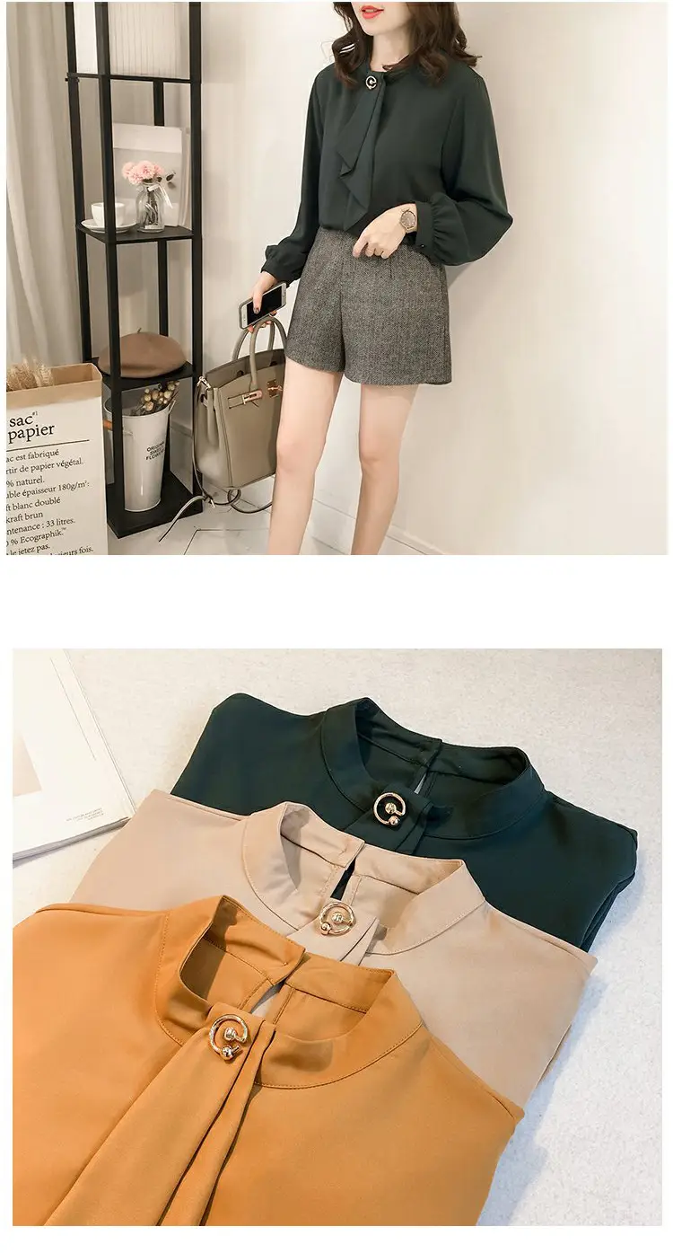 Women Chiffon Long Sleeve Shirt Brown Large — feature 9