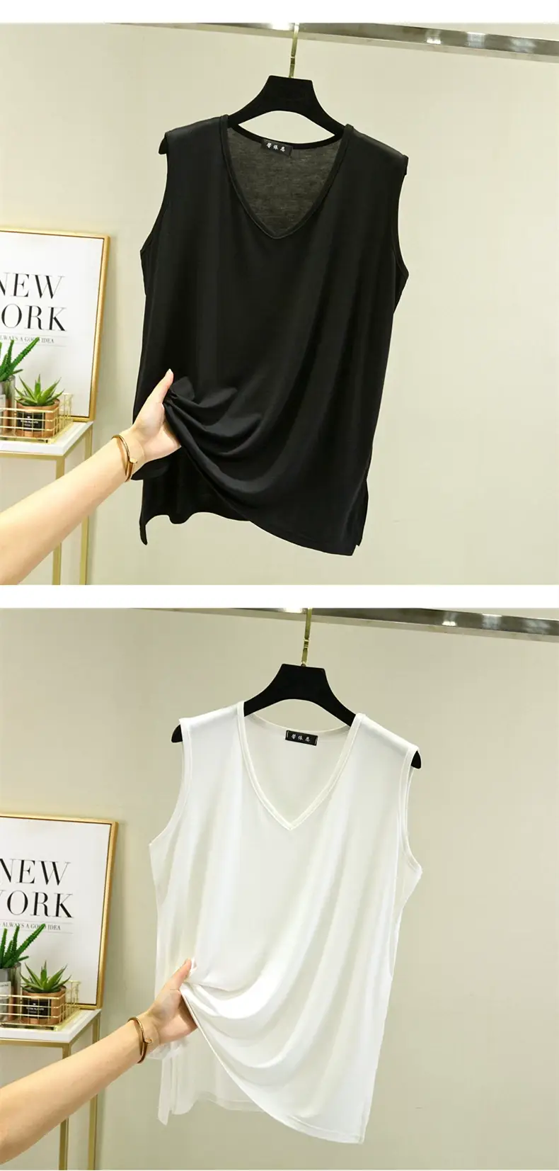 V-Neck Sleeveless Vest Women Yellow Loose Modal — feature 16