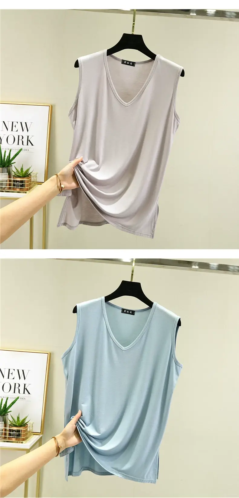 V-Neck Sleeveless Vest Women Yellow Loose Modal — feature 17