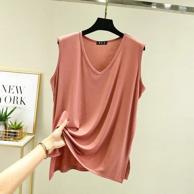 V-Neck Sleeveless Vest Women Yellow Loose Modal - Image 2