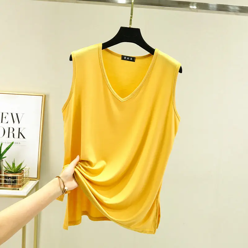 V-Neck Sleeveless Vest Women Yellow Loose Modal - Image 3