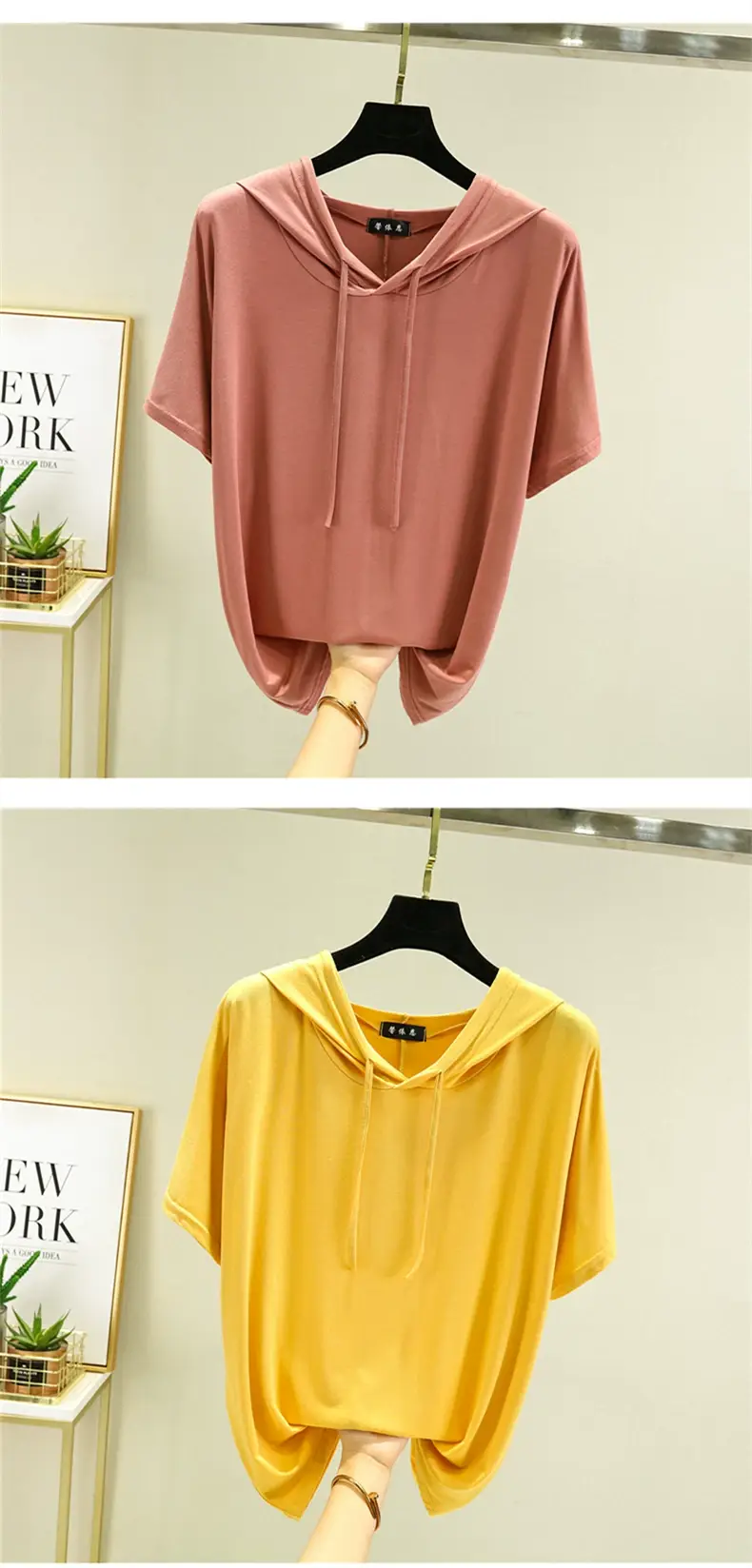 Women Yellow Hooded T-Shirt Large Medium Loose Fit — feature 21