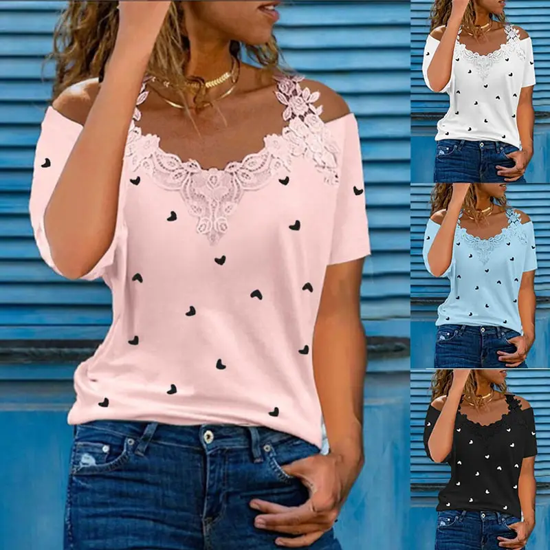 Black Heart Print Lace T-Shirt for Women - Image 5