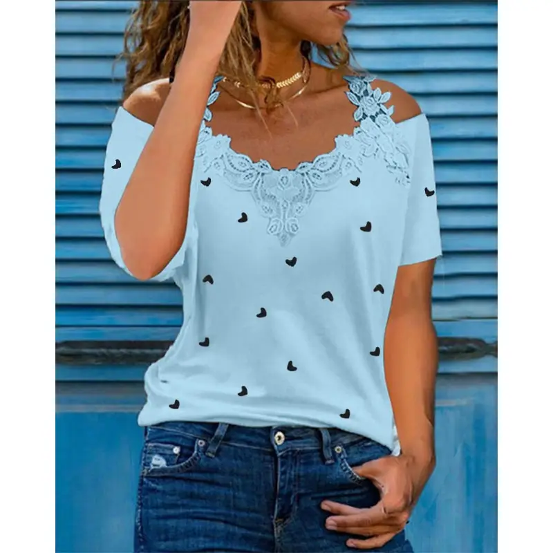 Black Heart Print Lace T-Shirt for Women - Image 4