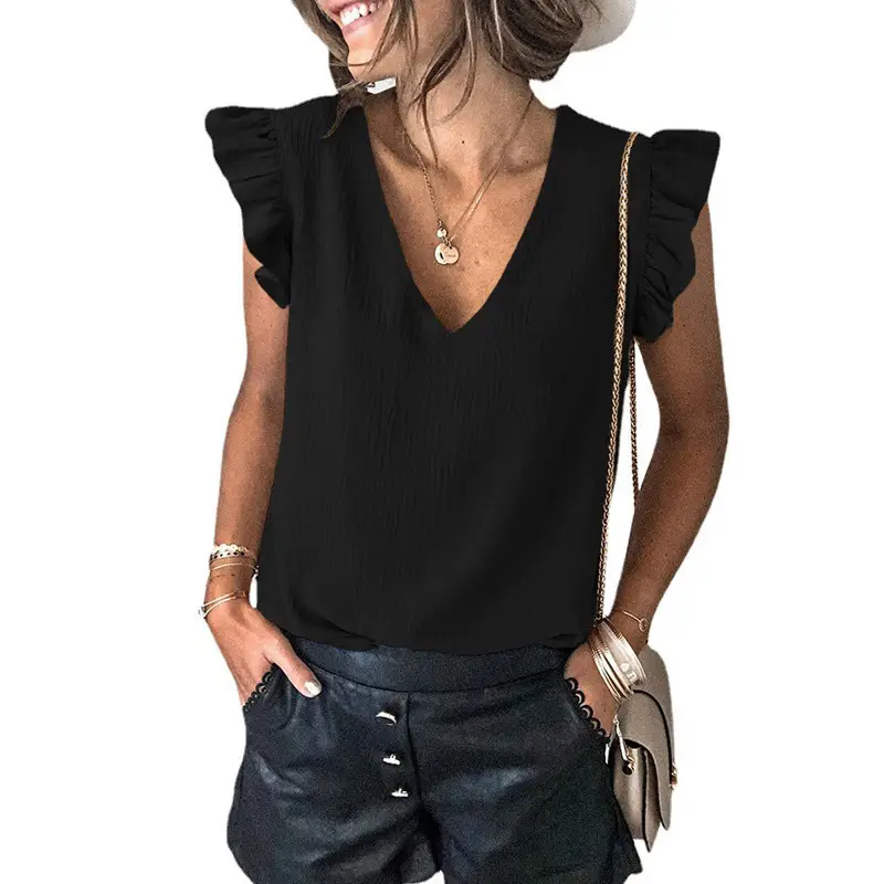 Women V Neck Ruffled Sleeve T-Shirt Pure Color 2025