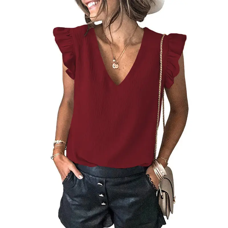 Women V Neck Ruffled Sleeve T-Shirt Pure Color 2025