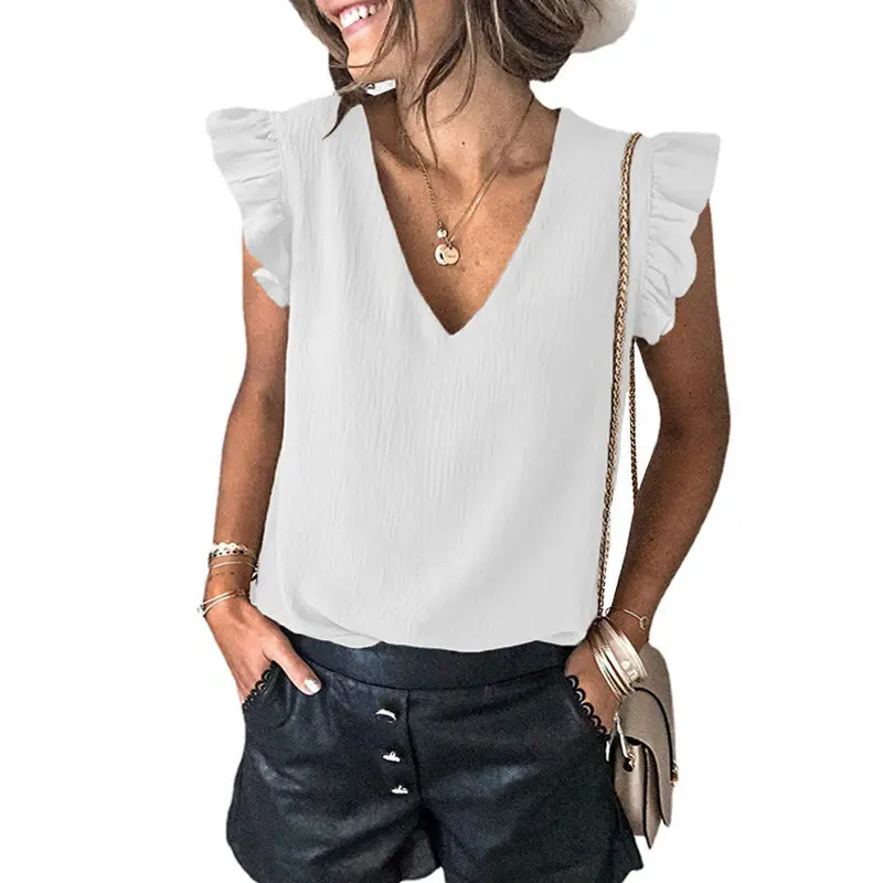 Women V Neck Ruffled Sleeve T-Shirt Pure Color 2025