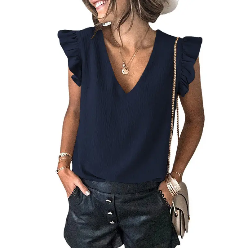 Women V Neck Ruffled Sleeve T-Shirt Pure Color 2025